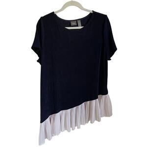 Chico’s Travelers Tunic Top Sz XL Short Sleeve Asymmetrical Pleated Hem Navy